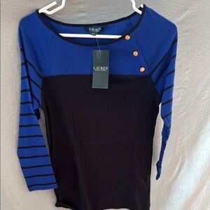 Ralph Lauren Blue and Black 3/4 Sleeve Buttoned Blouse